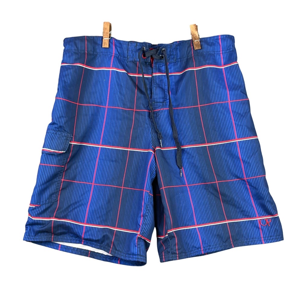 OP Board Shorts Mens L 36-38 Blue Plaid Swim Trunks OM16201Y Cargo Pocket